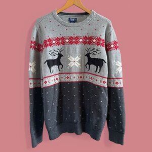 Men’s Chaps Brand Gray‎ Red White Winter Theme Deer Fair Isle Sweater-Size Large